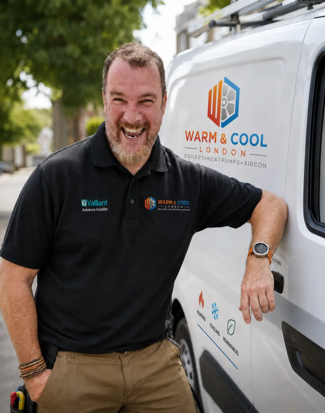 Warm & Cool Engineer next to the van in London